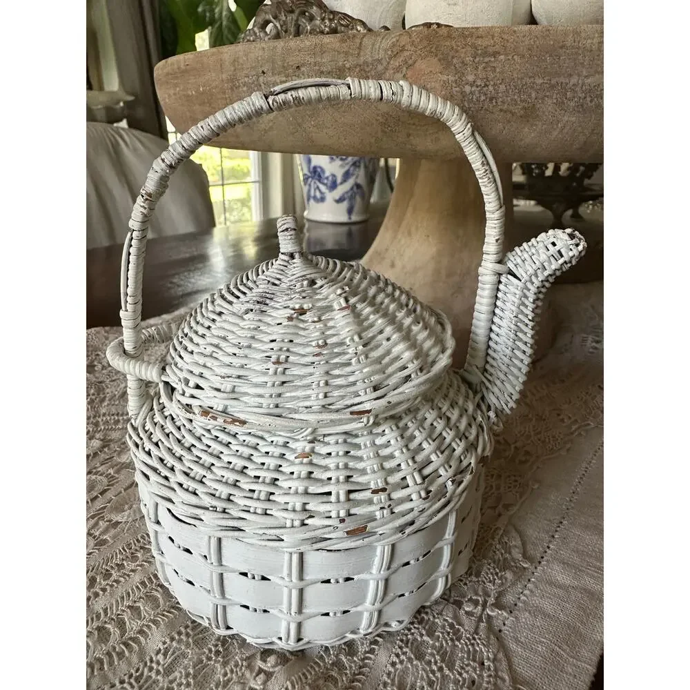Vintage White Wicker Teapot Shape Basket Cottage Decor 6.5